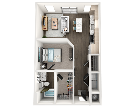 Floor plan for studio, 1 bath, 672 sqft